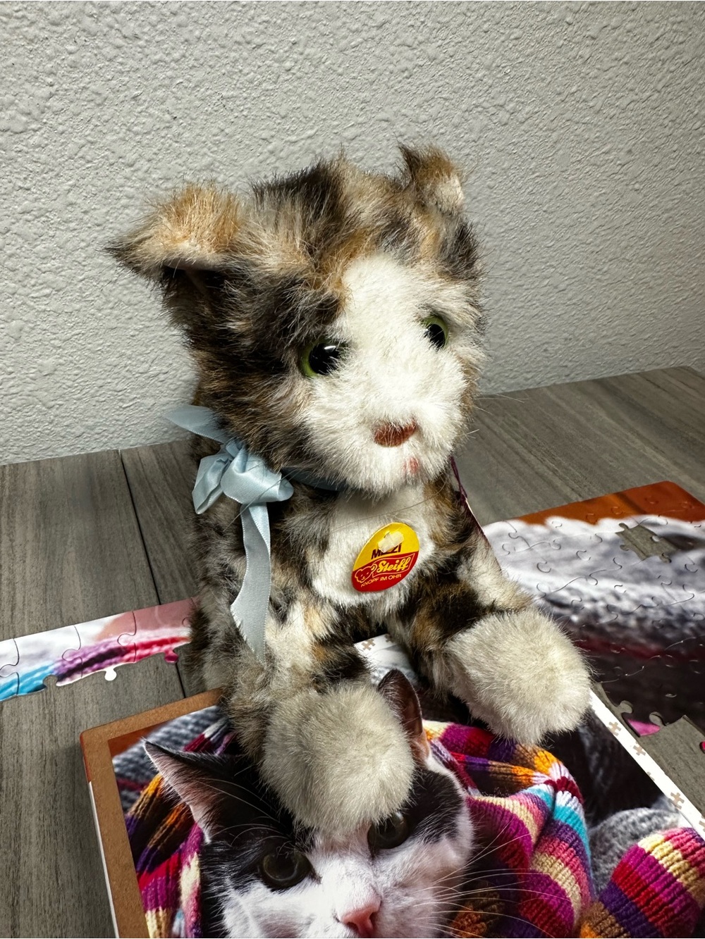 Steiff Calico Kitten Plush with Blue Ribbon - Soft Stuffed Animal